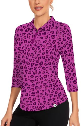 Soneven Polo da Golf da Donna, a Maniche Lunghe, con Cerniera a 3/4, per L'Estate, Funzionale, da Donna, Traspirante, per Tennis, Fitness, Trainning, Leopardo Viola, M