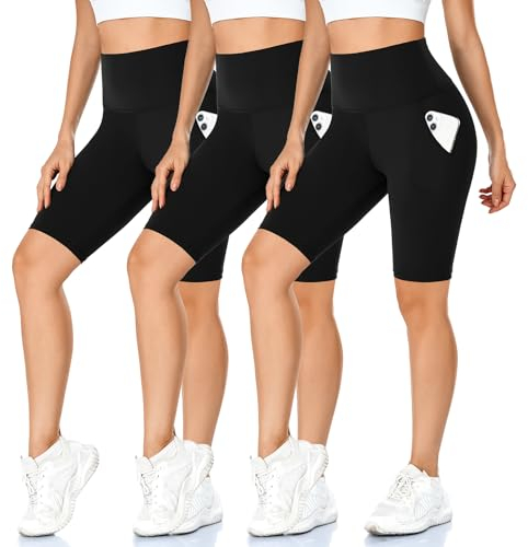 MOREFEEL 3er Pack Damen Radlerhose mit Taschen High Waist Sport Shorts Blickdicht Kurze Sporthose Sommer für Yoga Sport Fitness(3 Schwarzu,Small-Medium)