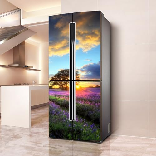 Pegatinas para refrigerador, cubierta completa para puerta, fundas para nevera, pegatinas de pared para cocina, paisaje de puesta de sol de lavanda púrpura