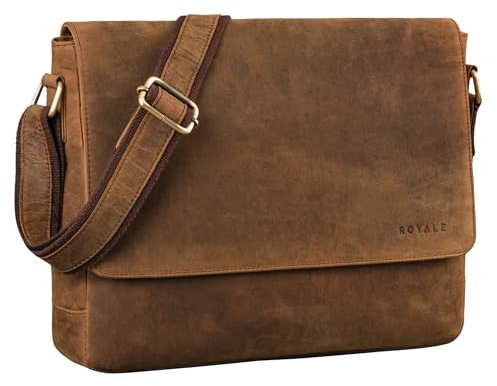 ROYALZ Vintage Umhängetasche Leder mittel-groß für Herren Damen 14-15 Zoll Laptop-Tasche 'San Diego' Bürotasche Messenger Bag Arbeitstasche Aktentasche Echtleder, Farbe:Nevada braun