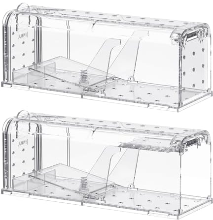 Teletrogy Trampas para Ratones Vivos Reutilizable para Interior Exterior con Caja de Cebo y Orificio de Aire, Trampas Ratas Altamente Sensible Ratonera Rata Viva para Ratas Pequeños, 2 Piezas