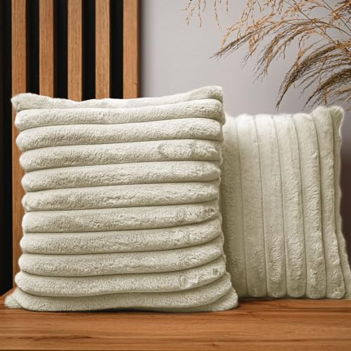 MG Design 2er Set Kissenbezüge 40 x 40 cm in Beige – mit Reißverschluss, langflorige Fell-Haptik, weich & Cosy, pflegeleicht