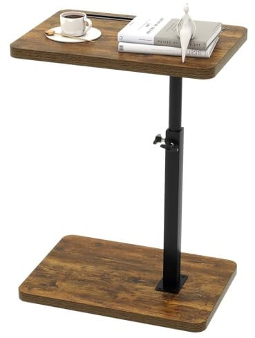 IBUYKE C Shaped Side Table, 360° Swivel Height Adjustable End Table for Small Spaces, with Phone & Tablet Slot, Modern Small Coffee Snack Table for Sofa/Bed, Retro Brown TVT003H