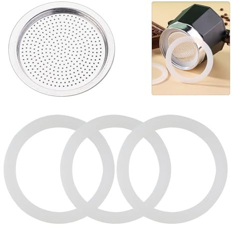Parti di ricambio per moka in acciaio inox, parte di ricambio per caffettiera espresso, guarnizione per macchina da caffè espresso da 6 tazze, include 3 guarnizioni in silicone e 1 filtro schermo,