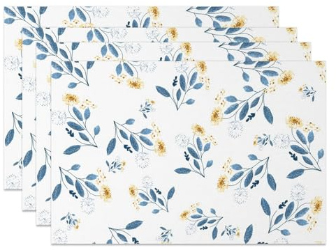 MIRRORANG Floral Elegance Platzsets 4er Set 45x30cm Blau Gelb Aquarellblumen Waschbare Tischsets für Küche Esszimmer Feiertags-Partydekoration MIRRORANG Floral Elegance Platzsets 4er Set 45x30cm Blau