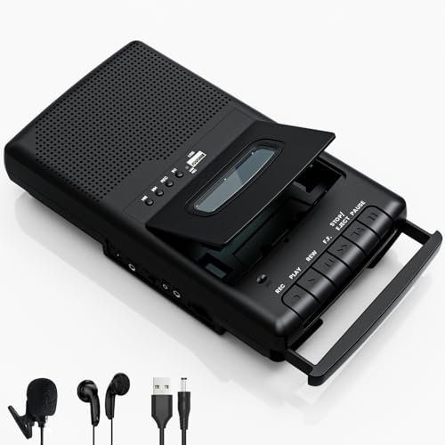 Tragbarer Kassettenrecorder mit One Touch Aufnahme, Mobiler Kassettenspieler & USB-Digitalisierer,Kassettenspieler-Recorder,eingebauter Lautsprecher, ausziehbarer Griff, 3,5-mm-Kopfhörer