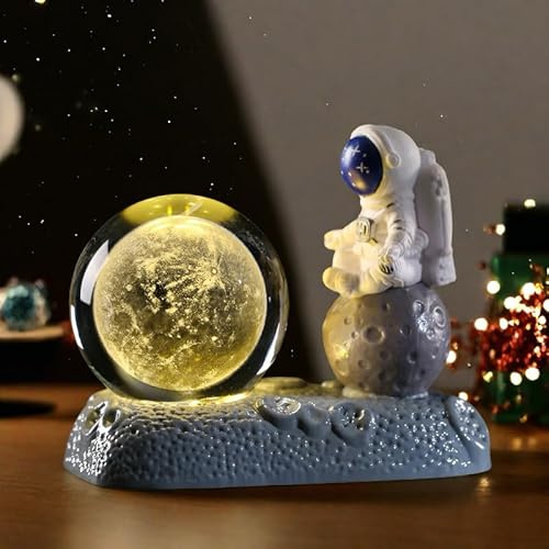 KINGGOO 3D Kristallkugel Weltraummuster, Astronaut Base Kinder Nachtlicht, Galaktische Fantasy LED Lampe mit Sonnensystem, Moderne Schlafzimmerdekoration(Mond)