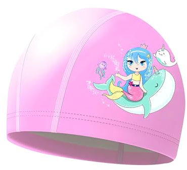 Cuffia Piscina Bambina, Cuffia Nuoto Bambino 4-10 Anni, PU, Cartoon (Rosa)