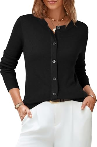 Arach&Cloz Womens Cardigan Sweaters 2026 Soft Layering Essential Knit Long Sleeve Crew Neck Button Down Lightweight Top Fashion Outfits Summer Spring Business Casual Work Black M