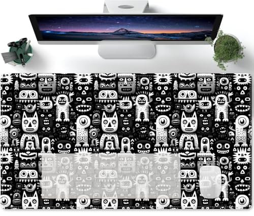 Mouse Mats for Desk Black and White Abstract Monster Pattern Gaming Mouse Pad, RGB Mouse Mat, XXL Large on-Slip Rubber Base for PC Laptop Keyboard - 600x300mm