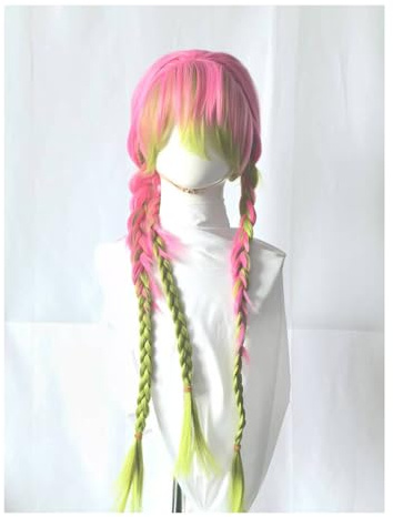 Roses et Vertes Court Lâche Perruque pour Déguisement Femme Tresses avec Perruque Bonnet pour Halloween Carnaval Noël Cosplay Anniversaire Mardi gras Fête à Thème