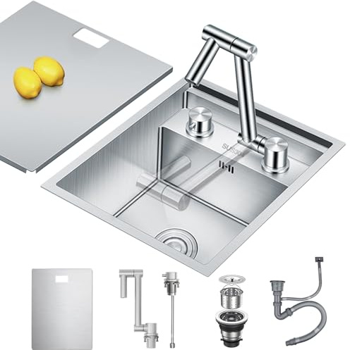 Grifo oculto de cocina con fregadero oculto, grifo plegable, instalación oculta de acero inoxidable, área de trabajo, bar, fregadero individual, fregadero para cocina pequeña, preparación de