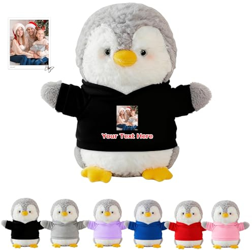 FAHOXUMR Individueller Pinguin Plüsch Mit Foto Name, Personalisiertes Pinguin Kuscheltier Plüsch Als Personalisiertes Geschenk Für Kinder Erwachsene, 20cm