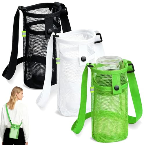 3er Pack Umhängetasche für Wasserflasche, Mesh Wasserflaschenhalter mit Verstellbarem Trageriemen, Tragbarer Flaschenhalter für Sport, Wanderung, Reisen (Schwarz, Weiß, Cyan)