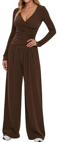 SEAUR Set indumenti da casa a due pezzi con scollo profondo a V arricciato per donne, maniche lunghe, pantaloni a gamba larga, set coordinato casual per autunno, primavera, viaggi, lavoro da casa