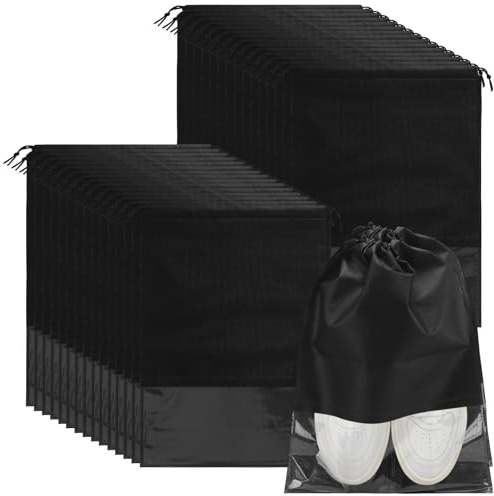 YIXNSW 30 Stück Schuhbeutel Schwarz, 44 x 32cm Schuhsack Staubschutz Vliesstoff mit Kordelzug, Tragbare Reise Aufbewahrungsbeutel für Reise