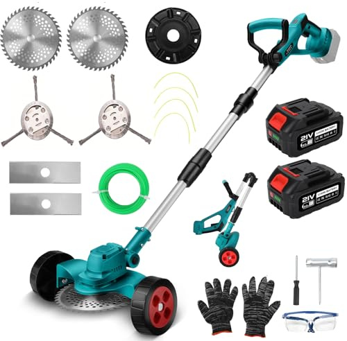 Débroussailleuse sans fil avec batterie 21 V 4000 mAh, 4 en 1, brosse anti-mauvaises herbes, lames de coupe, fil de débroussailleuse, poignée télescopique pour Makita 18 V avec roues de coupe à gazon