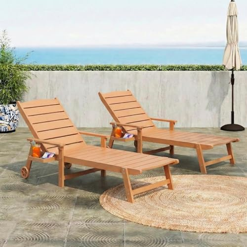 BIXUYOU Outdoor-Liegestuhl mit Rollen, 2 m Lange Sonnenliege, 5-Fach verstellbare Rückenlehne (Flache Liegeposition), ausklappbares Seitentablett, wetterfest, für Pool, Terrasse und Strand