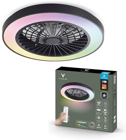 Varin® Smart Deckenventilator mit Beleuchtung, Ø 50 cm - Schwarz/Schwarz | Deckenlampe mit Ventilator Schlafzimmer, Tuya WLAN, LED 30W RGBW, Ventilator Leise , Fernbedienung, 3000K bis 6000K