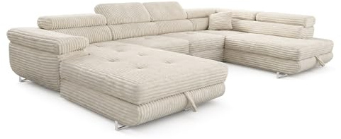SOFILAND Cordo U XXL Wohnlandschaft mit Schlaffunktion und 2 Bettkästen - Breitcord Tilia - U-Form Sofa (Cremig, Rechte Seite)