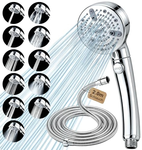 Shower Head and Hose 2M with 11+1 Spray Modes & Stop Button