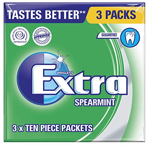 Extra Chewing Gum, Sugar Free, Spearmint Flavour, Pack of 3 x 10 Pieces
