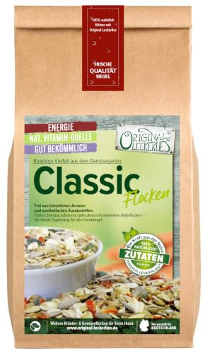ORIGINAL LECKERLIES Classic-Flocken-Mix, 1 kg magenfreundlich, Hundeflocken mit Gemüse und wertvollen Sonnen- und Kürbiskernen, Haferflocken, Barf Zusatz Hund Hundefutter – Naturprodukt für Hunde