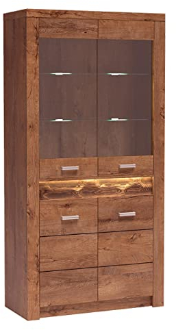 Mirjan24 Vitrine Indiano I-03, Glasvitrine, Standvitrine, Vitrinenschrank, Hochschrank, Modernes Wohnzimmer Set (Esche Hell, mit warmweißer LED-Beleuchtung)