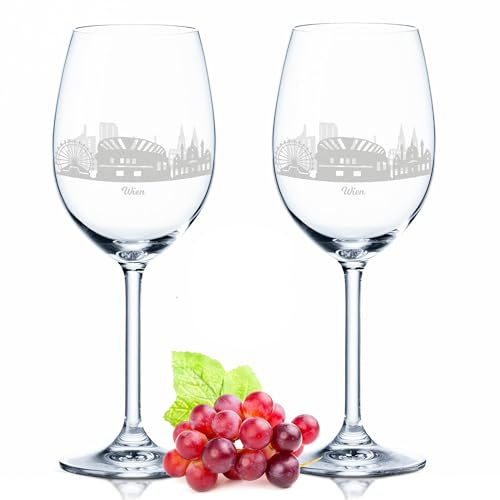 GRAVURZEILE Leonardo Weingläser mit Gravur - Skyline Wien im Set - Hochwertige 360° Lasergravur - schönes Geschenk als Andenken, Souvenir oder für Sammler & Weingenießer zum Geburtstag