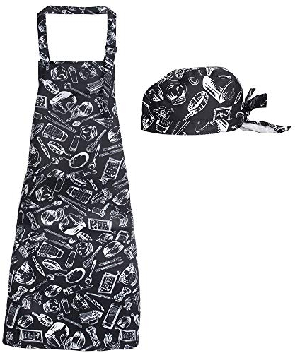 JNCH - Juego de 2 delantales de cocina + sombrero pirata delantal unisex con bolsillo, diseño de cuchillo tenedor, monos ajustables, talla única, para hombre, mujer, chef camarera restaurante casa y