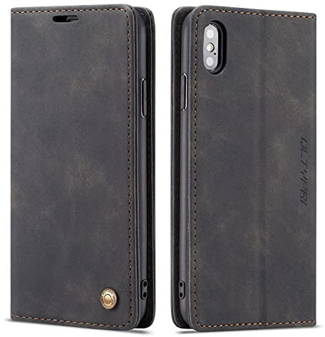 QLTYPRI Hülle für iPhone XS Max, Vintage Dünne Handyhülle mit Kartenfach Geld Slot Ständer PU Ledertasche TPU Bumper Wallet Case Flip Schutzhülle Kompatibel mit iPhone XS Max - Schwarz