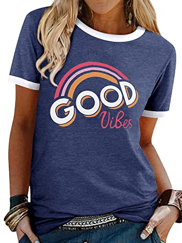 Dresswel Damen Good Vibes T-Shirt Regenbogen Muster Shirt Rundhals Kurzarm/Langarmshirt Oberteile Hemd Tops Bluse(11-Navy,L)