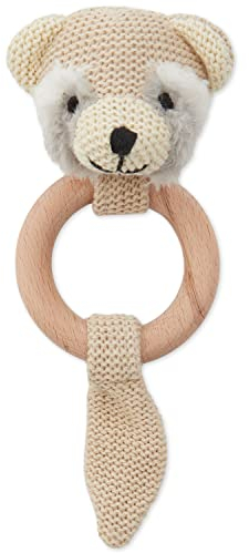 Bieco Waschbär Baby Greifling mit Holz Ring | Gehäkelte Rassel für Junge & Mädchen