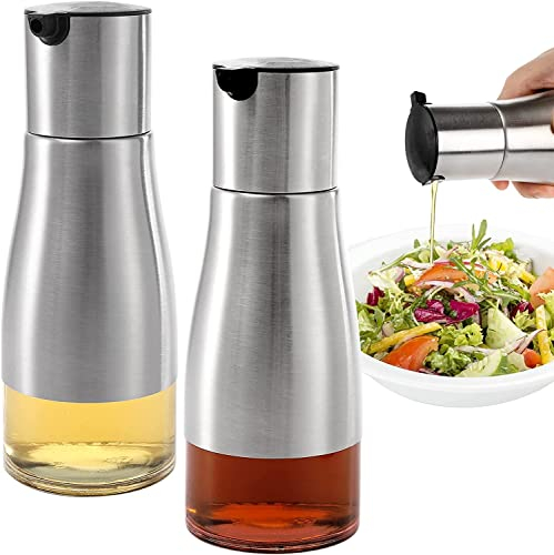 Tebery 2 Stück 300ml Silberne Olivenöl und Essigspender Set, Essig und Ölspender Set, Eleganter Edelstahl mit Glasboden, Ölspender Ölflasche für Küche und BBQ