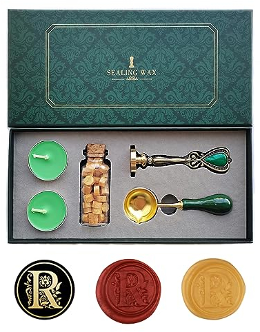 Ausgefallene Buchstaben R Wachssiegel-Stempelset, AMTOL Wachssiegel-Stempelset im europäischen Stil, Geschenkbox-Set, Vintage personalisierte Wachssiegel-Stempel für Briefkarten-Einladungen (R)
