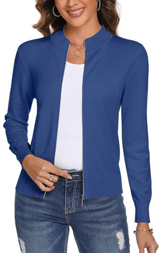 Aottori Cardigan Donna con Zip Maglione Cerniera Leggero Giacca in Maglia Elegante Golfino a Maniche Lunghe Pullover Aperta Casual per Primavera Autunno Invernale Blu XL