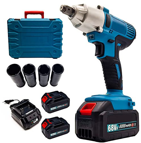 MAKA Avvitatore a Impulsi Brushless 320Nm Avvitatori a Massa Battente 2x Batterie 68V 6.0Ah 4 Bussole Esagonali 17-18-19-21 mm Punta Mandrino 12mm Motore Senza Spazzole con Luce per Lavoro (A)