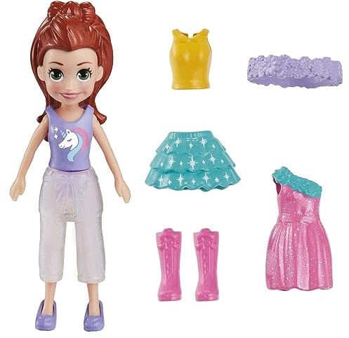 Polly Pocket Set de Juego Paquete de Modas Lila Shimmer & Shine Incluye una muñeca, Prendas y Accesorios adicionales para niñas de 4 años en adelante