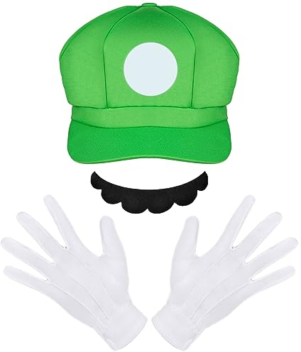 Aomig Kostüm Zubehör Mütze, Faschingkostüme Hüte mit Schnurrbärte Handschuhe, Super-Brüder Kostüm Hut Cap für Karneval Halloween Rollenspiel für Erwachsener Herren Damen(Grün)
