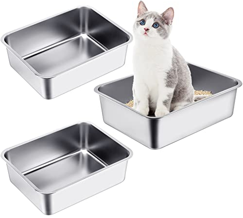 3 Packungen Edelstahl-Katzentoilette für Katzen und Hasen, 20 cm, extra große Metall-Katzentoilette mit hohen Seiten, Antihaftbeschichtung, rostfrei, langlebige Katzentoilette (60x40x15 cm)