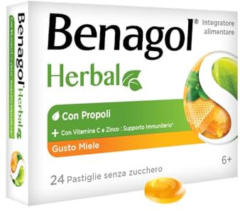 Benagol Herbal Gusto Miele, Integratore Alimentare, con Vitamina C e Zinco per Supportare il Sistema Immunitario, 24 Pastiglie