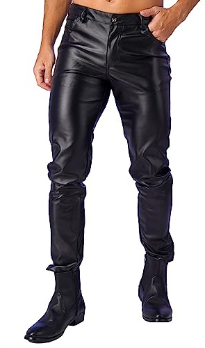 MSemis Herren Lack Leder Hose Pants Wetlook Leggings Skinny mit Reißverschluss Elastisch Lackoptik Lederhose Slim Fit Schwarz B L