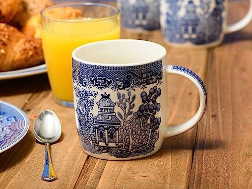 AuraHome Blue Willow 12oz 350ml Barrell Mug 8.5 Diameter 9cm Height Iconic Elegant Blue-Printed Scene on White Bone China Depicts Nature & Historical Imagery Collectible