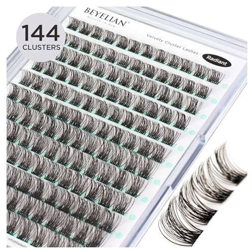 BEYELIAN Pestañas en racimo, 144 unidades, rizos D+, pestañas postizas individuales, extensiones de pestañas postizas de aspecto natural, reutilizables, con pegamento, banda superfina, 10-16 mm
