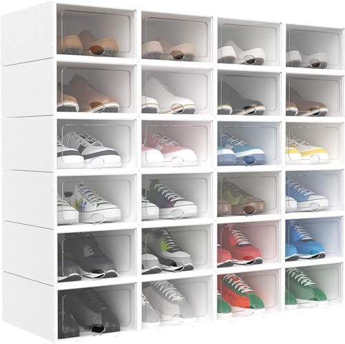 Cutycaty 24er Pack Schuhkarton,Schuhboxen Stapelbar Transparent,Shoe Box mit Tür,Schuhkarton Kunststoff Steckregal für Turnschuhe,Stöckelschuhe und Hausschuhe,bis Größe 46
