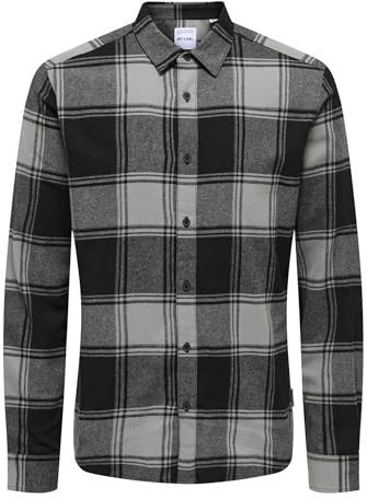 Kariertes Holzfäller Hemd Basic Langarm Flanellhemd Freizeit Karo Slim Fit Shirt Baumwolle ONSGUDMUND, Farben:Schwarz-Dunkelgrau, Größe Hemd:S
