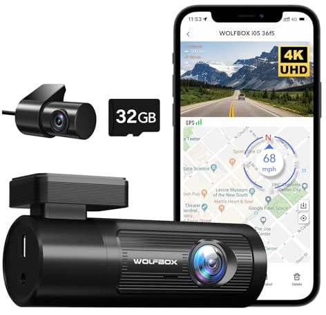 WOLFBOX 4K Dash Cam Front and Rear, WiFi UHD 2160P/1080P Mini Dash Camera for Cars,32GB Card Included,Built-in GPS,WDR,Night Vision,24H Parking Mode, G-Sensor, Loop Recording,Supports 256GB Max(i05)