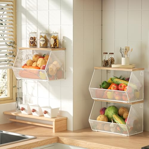 Obstkorb für die Küche, stapelbare Obstschale für Kartoffel- und Zwiebelaufbewahrung, wandmontierter Drahtkorb mit Holzdeckel für Obst- und Gemüseaufbewahrung, hängende Speisekammer-Aufbewahrung,