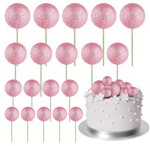 ASTARON 20 Pcs Ball Cake Topper Decorations Mini Balloons Cake Topper Sticks Pink Glitter Balls Cake Picks Cake Topper Balls Cake Decorations for Wedding Birthday Cake Decorations