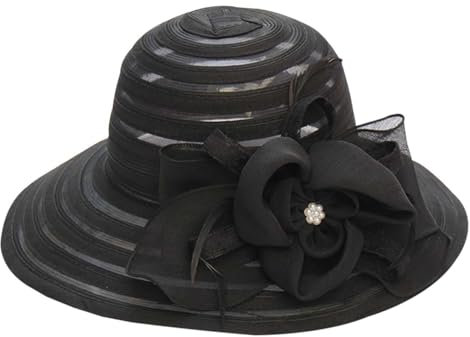 Ahagogo Sombrero de playa plegable para mujer, con encaje de ala ancha, sombrero de paja con cinta, Negro , Talla única